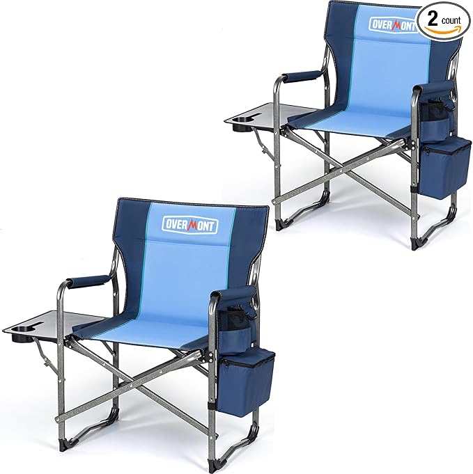 Overmont Oversized Lightweight Camping Chair - Comfortable Heavy Duty Foldable Directors Chairs with Side Table & Cooler Bag for Outside Camp Beach Picnic Lawn and Fishing Supports 400lbs
