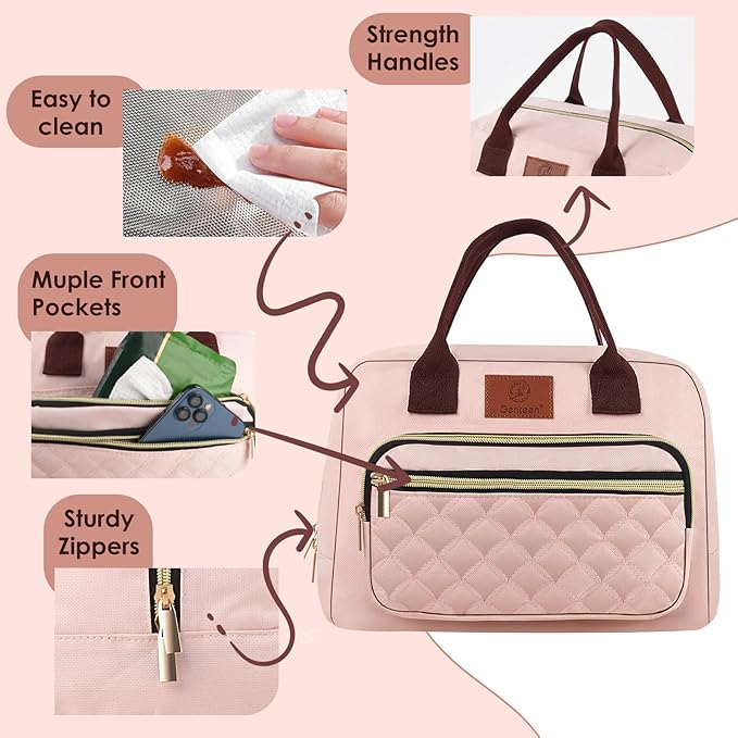 Genteen Lunch Bag for Women Girls Teens,Insulated Adult Lunch Boxes for Women,Reusable Cute Lunch Bags for Work,High Capacity Tote Lunchbox Cooler for Office Travel Picnic School-Pink