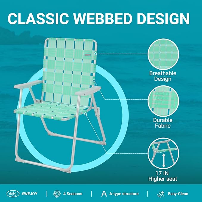 #WEJOY Folding Beach Chair for Adults, Lightweight Beach Chair with Shoulder Straps, High Back Beach Chairs with Hard Armrest, Supports 300lbs for Beach Lawn Concert