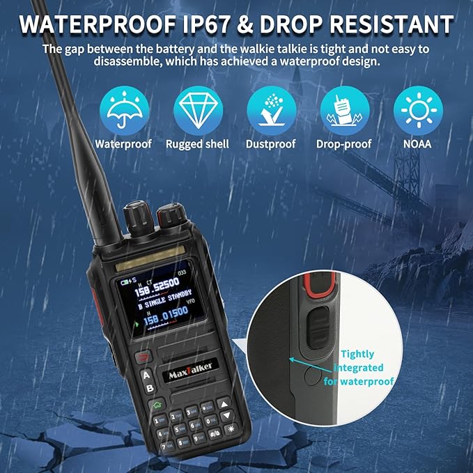 Waterproof Walkie-Talkies GMRS Ham Radio: MaxTalker TK-W60 Construction Radios Walkie Talkies 8W with Tactical Antenna, Multi-Band UHF VHF Radio, Rechargeable Heavy Duty Walkie Talkies Long Range 2PCS