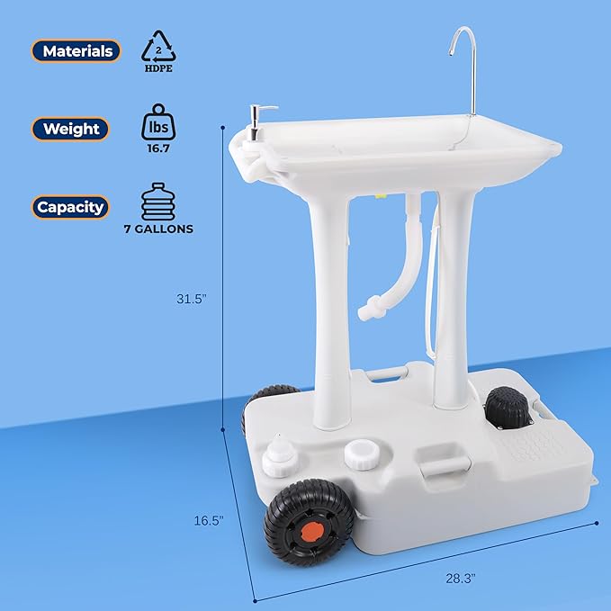 SereneLife SLCASN25 Portable Camping Sink w/Towel Holder & Soap Dispenser-30L Water Capacity Hand Wash Basin Stand w/Rolling Wheels-for Outdoor Events, Gatherings, Worksite & Camping