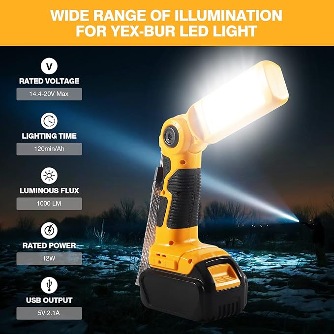 YEX-BUR for Dewalt 20v Led Work Light, 12W 1000LM Cordless Handheld Spotlight with USB Port LED Jobsite Light Desk Lamp Powered by Dewalt 20v Lithium Ion Batteries