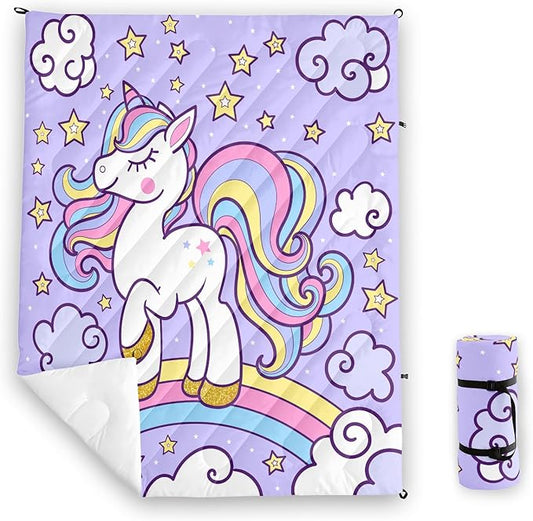 Axolotl Purple Unicorn Warm Puffy Camping Blanket,Lightweight Rainbow Cloud Printed Packable Outdoor Blanket,Gloden Star Outdoor Camping Blanket Backpacking for Traveling Picnic Beach Cold Weather