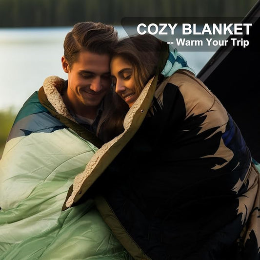 Outdoor Camping Blanket with Sherpa Lining, Extra Warm Thick Camp Blankets & Puffy Ultralight Soft Poncho DWR Camping Quilt for Cold Weather, Adventure,Sleeping,Backpacking 78"x 56"