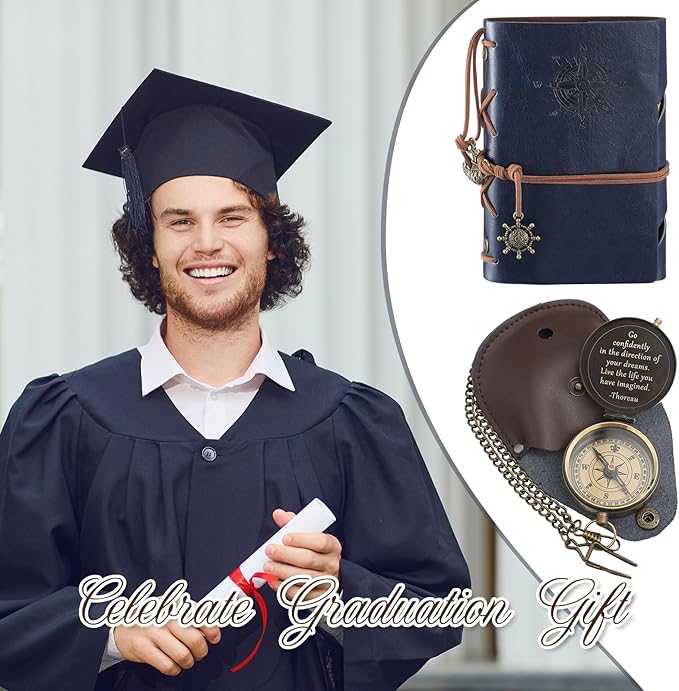 Kanayu 2 Pcs Compass Graduation Gift Compass with Stamped Leather Case and Leather Journal Notebook High School College Graduation Gifts for Him