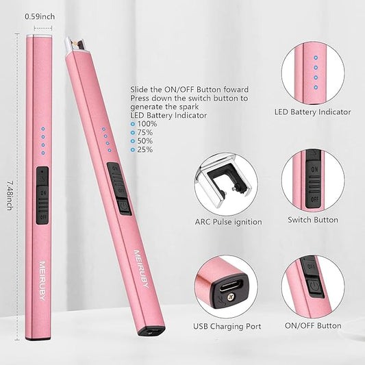 MEIRUBY 2 Pack Lighter Electric Candle Lighter Long Electronic Rechargeable USB Lighter Arc Windproof Flameless Lighters for Candle Camping BBQ Birthday Gifts for Women Mom Wife Men