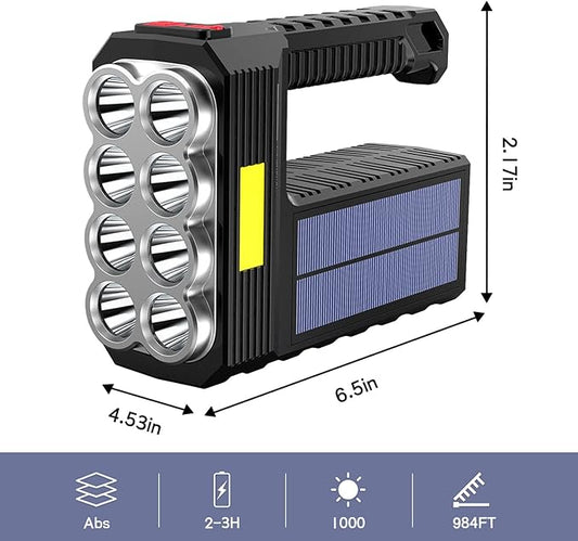 Solar Flashlight Rechargeable 8 LED Handheld with COB Sidelight, High Lumens 3 Modes Searchlight, Portable Lightweight Waterproof Spotlight for Fishing Outdoor Camping Emergencies