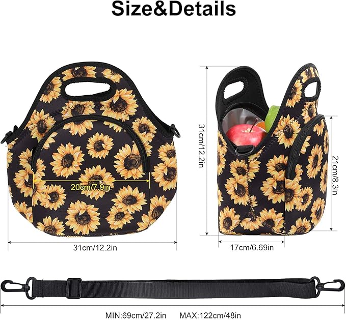 Neoprene Lunch Bag, Thermal Insulated Lunch Tote Bag with Detachable Shoulder Straps, Lightweight & Reusable Lunch Bag for Women Men