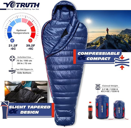 Lightweight Down Mummy Sleeping Bag with 650-FP Duck Down, Ideal for Camping and Backpacking, Durable Ripstop Nylon, Comfortable Footbox, 20°F, 2024