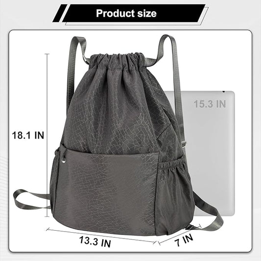 Drawstring Backpack Waterproof Small Gym Bag for Women String Backpack, Sports Gym Sack Cinch Bag with Multi Pockets (Grey)