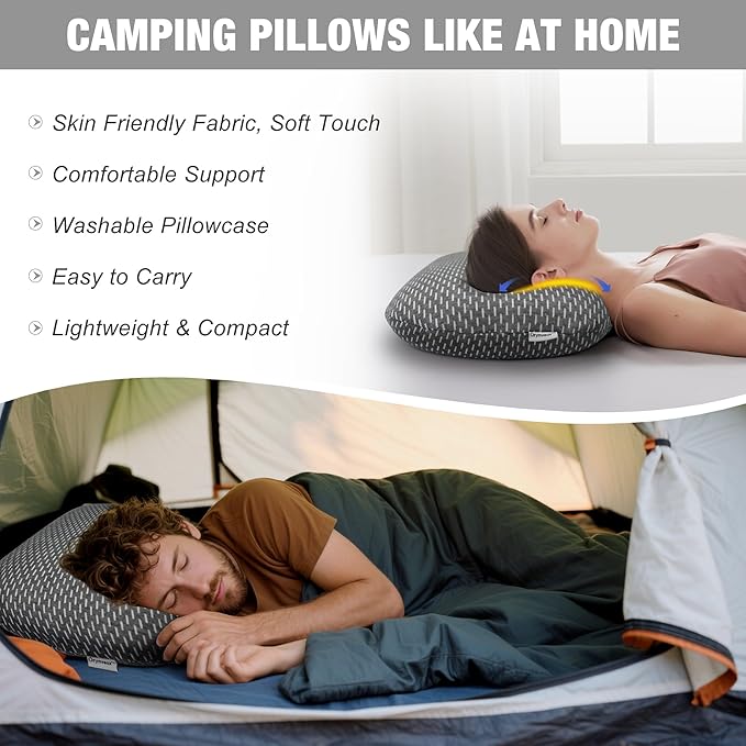 Memory Foam Camping Pillow, Portable Travel Pillow with Breathable Detachable Pillowcase, Compact & Lightweight for Camping, Hiking, Backpacking, Airplane Travel, Includes Storage Bag