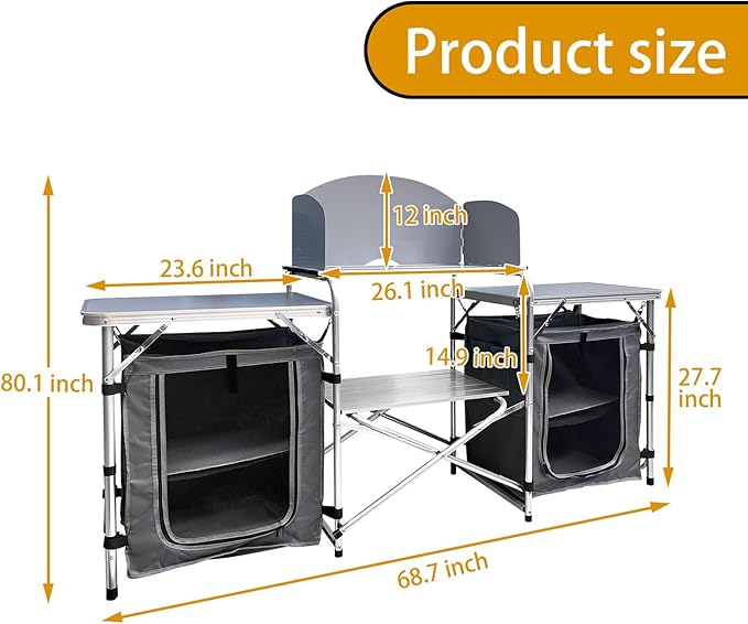 Camping Kitchen Table, Portable Aluminum Outdoor Cooking Station with 2 Storage Cupboards & Carrying Bag, Outdoor Cooking Table for BBQ Beach RV Traveling Picnic (Silver)