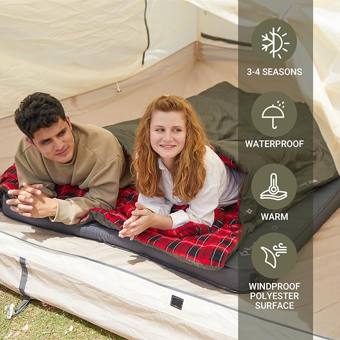 KingCamp Double Sleeping Bag for Adults, Queen Size 2 Person XXL Flannel Sleeping Bag, Waterproof Lightweight Flannel Quilt with 2 Pillows, Perfect for Couples Family Camping Hiking