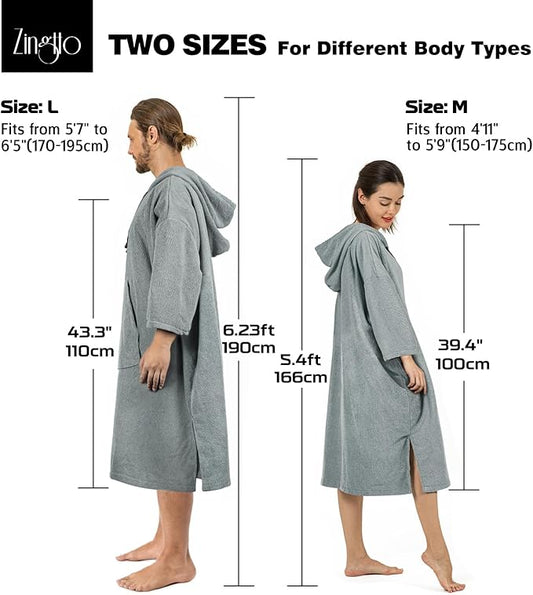 Surf Poncho Changing Robe, 3/4 Sleeve Extra Large Thick Hoodie Towel Poncho for Men Women Beach Swimming, 39"x33", Gray