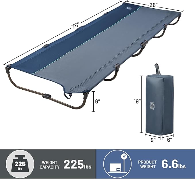 TIMBER RIDGE Lightweight Aluminum Camping Cot, 20-Second Quick Set-Up Folding Cot with Zipper Closure, Portable Carry Bag Included for Camping, Travel and Outdoors, Support up to 225lbs, Blue 2pcs
