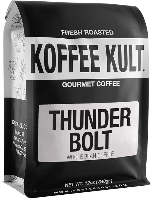 Koffee Kult Thunder Bolt - Whole Bean Coffee, Dark French Roast, 100% Arabica, Robust Blend, Bold Strong Artisan Flavor 12oz Resealable Package