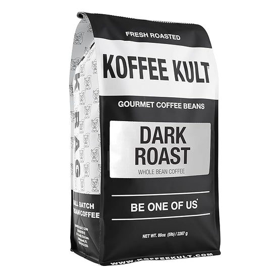Koffee Kult Dark Roast Whole Bean Coffee 100% Arabica Coffee Beans Gourmet Artisan Blend with Chocolate & Cinnamon Notes 80oz Resealable Bag