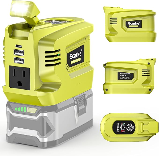 200W Portable Power Inverter for Ryobi 18V,Ecarke Outdoor Generato Battery Converter with 2 USB&LED&AC Battery Powered Outlet,Convert DC 18V/20V to AC 110V-120V Portable Power Station(Tool Only)