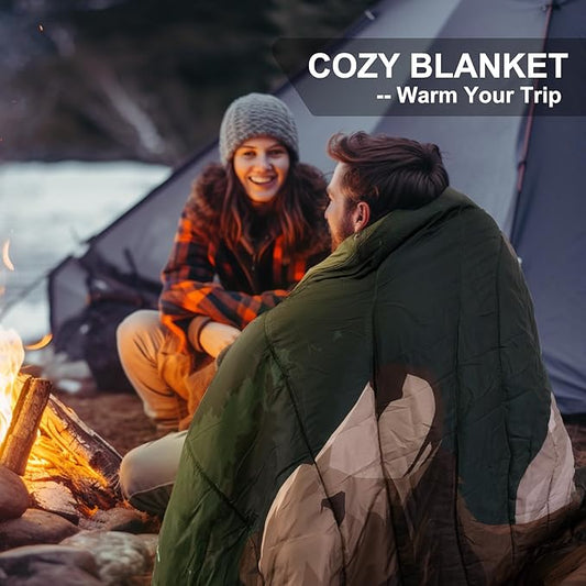 Outdoor Camping Blanket with Sherpa Lining, Extra Warm Thick Camp Blankets & Puffy Ultralight Soft Poncho DWR Camping Quilt for Cold Weather, Adventure,Sleeping,Backpacking 78"x 56"