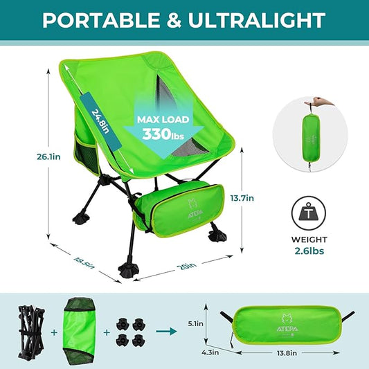 ATEPA Backpacking Chair, Ultralight Folding Portable Small Camping Chairs for Adults Compact Foldable Beach Seat with Anti-Sinking Feet & Aluminum Frame for Outdoor Hiking Travel Fishing