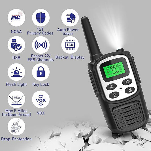 Rechargeable Walkie Talkies,Fvamom Walkies Talkies for Adults with 22 Channels,Long Range Walkie Talkies with NOAA Weather Channels,VOX LCD Display LED Flashlight for Hiking Camping Trip(Silver)