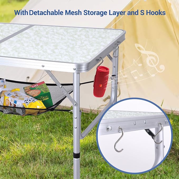 Sportneer Camping Table: Adjustable Height Small Folding Table 35.4" L x 23.6" W 2 Height with Mesh Layer - Compact & Portable Camping Essentials for Outdoor Camp Garden Picnic BBQ Dining Cooking