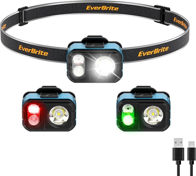 EverBrite Rechargeable LED Headlamp, Ultra-Light with Hat Clip, IP67 Waterproof, White/Red/Green Light, 7 Modes for Camping, Running and Backpacking-Blue