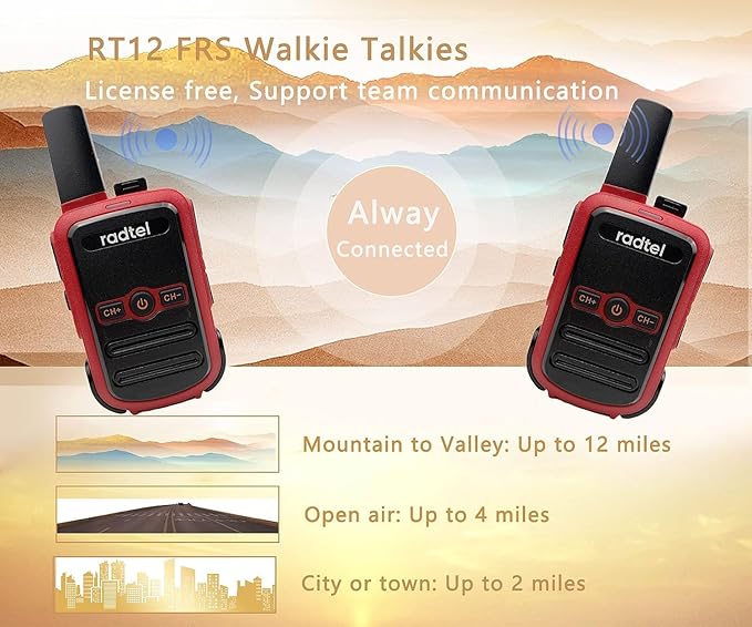 Radtel RT12 Rechargeable Walkie Talkies for Adults Long Range Handheld FRS Two Way Radio 16CH Handsfree VOX for Camping Hiking (4 Pack) (red)