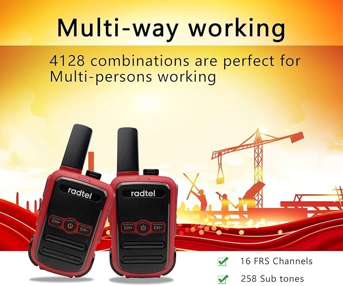 Radtel RT12 Rechargeable Walkie Talkies for Adults Long Range Handheld FRS Two Way Radio 16CH Handsfree VOX for Camping Hiking (4 Pack) (red)