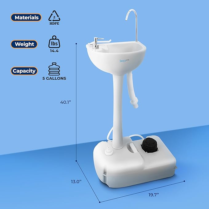 SereneLife Portable Camping Sink w/Towel Holder & Soap Dispenser-19L Water Capacity Hand Wash Basin Stand w/Rolling Wheels-for Outdoor Events, Gatherings, Worksite & Camping- SLCASN18, Standard, White