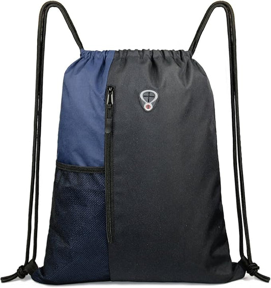 Drawstring Backpack Sports Gym Bag for Women Men Large Size With Two Zipper Pockets and Water Bottle Mesh Pockets