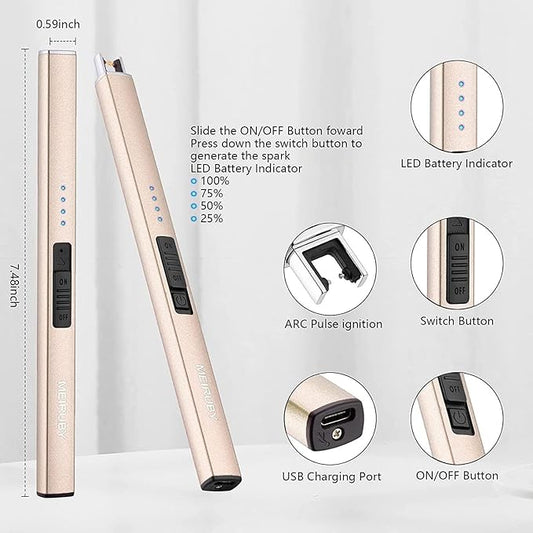 MEIRUBY 2 Pack Lighter Electric Candle Lighter Long Electronic Rechargeable USB Lighter Arc Windproof Flameless Lighters for Candle Camping BBQ Birthday Gifts for Women Mom Wife Men