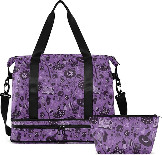 Halloween Witch Sports Gym Bag with Waterproof Dry Wet Pocket, Travel Duffel Bag for Women Men，Workout Bag Fits Yoga, Swimming