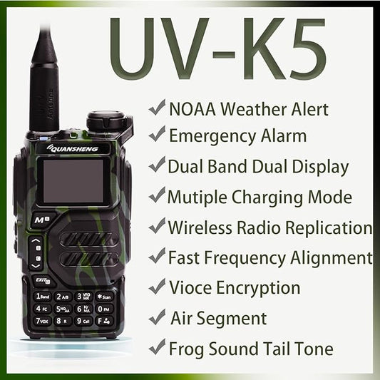 Quansheng UV-K5 Radio USB-C Charging Dual Band Two Way Radio Long Range for Adult 5W Long Range Handheld Radio NOAA Scrambler/DTMF One Key Copy Camo
