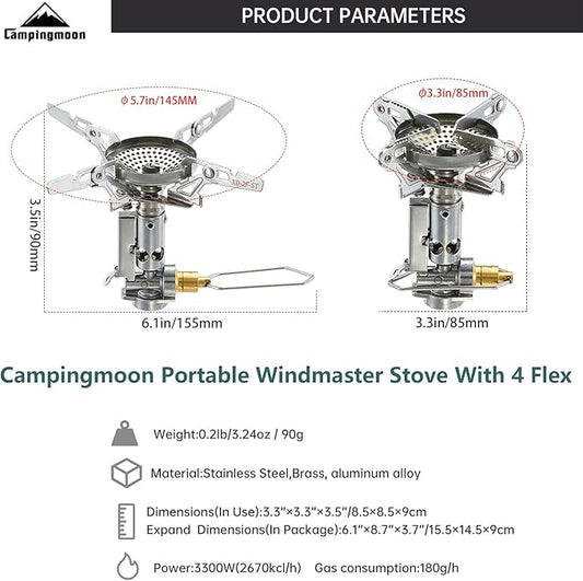 Campingmoon Portable Camping Gas Stove Ultralight Backpacking Stove With 4-Flex Outdoor Hiking Gear (XD-2F(With Igniter))