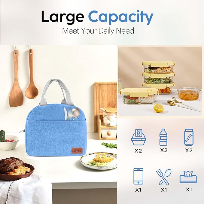 Lunch Bag Lunch Box for Women & Men, Large Capacity Insulated Lunch Bag for Adult, Leakproof Reusable Lunch Tote Bags for Work/Office/Travel/Picnic (Blue)