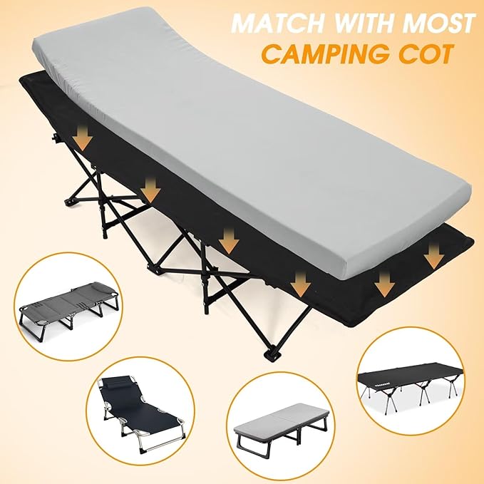 CYMULA Camping Cot Mattress 2in Memory Foam Sleeping Pad,Soft Warm Non-Slip Camping Mattress Topper with Retaining for Adults,Portable Roll up Mattress Pad for Travel (75 x30)（only Mattress）