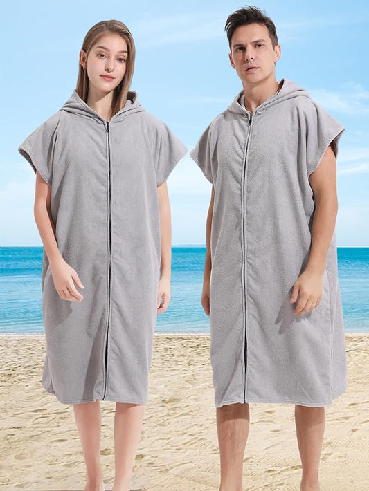 Surf Poncho Hooded Changing Towel Swim Robe with Zipper Plus Size Terry Cloth Swim Cover Up for Adults Men Women Towel Poncho Hoodie surfing accessories(Black) (Grey)