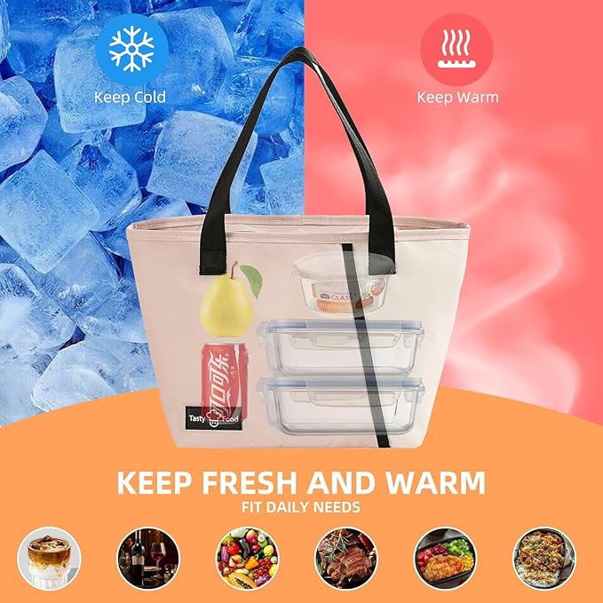 Lunch Bag for Women Men, Reusable Lunch Tote Lunch Box, Large Capacity Leakproof Lunch Tote Bags with Front Pocket for Work Office Picnic or Travel (Light Gray)