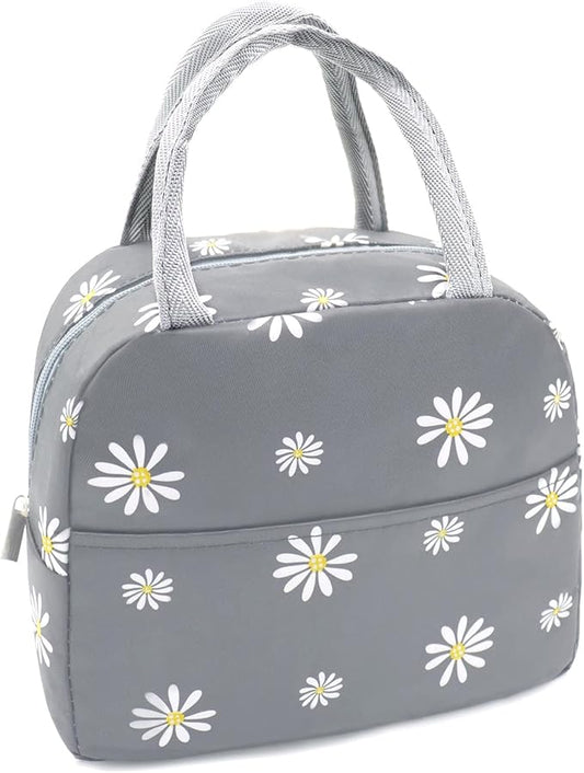Sonuimy Insulated Lunch Bag Women Girls, Reusable Cute Tote Lunch Box for Adult & Men, Leakproof Cooler Lunch Bags for Work Office Travel School Picnic (Grey with White Daisy)