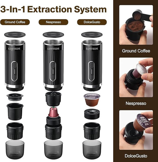 Portable Espresso Machine, Car Coffee Maker Self-Heating with Type-C, Compatible with Ground Coffee & Capsule for Travel, RV, Hiking, Camping, Office