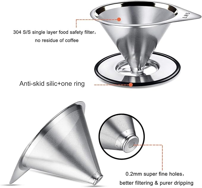 LHS Pour Over Coffee Dripper Stainless Steel Coffee Filter Metal Cone Filter Paperless Reusable Coffee Filter Single Cup Coffee Maker 1-2 Cup With Non-slip Cup Stand and Cleaning Brush
