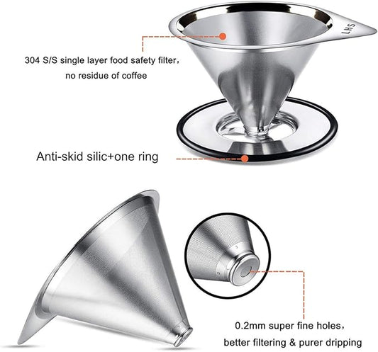 LHS Pour Over Coffee Dripper Stainless Steel Coffee Filter Metal Cone Filter Paperless Reusable Coffee Filter Single Cup Coffee Maker 1-2 Cup With Non-slip Cup Stand and Cleaning Brush