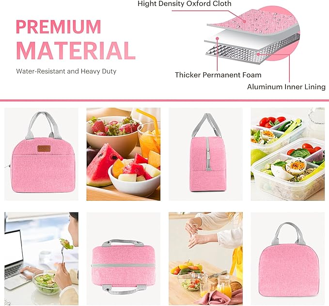 Lunch Bag for Women & Men Adult Insulated Lunch Box, Small Leakproof Cooler Food Lunch Containers Reusable High Capacity Lunch Tote Bags for Work, Travel, Outdoor (Pink)