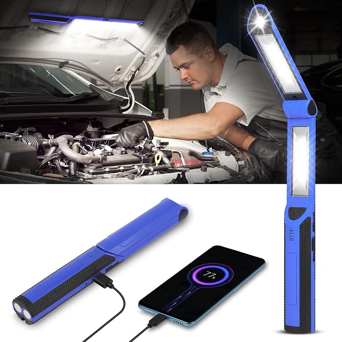 Work Light, Rechargeable LED Work Light 1500 Lumens, Portable Magnetic Work Light 180° Rotate 3 Modes, with 4 Magnetic Base and Hook Mechanic Light for Under Hood/Car Repairing/Inspection/Outdoor