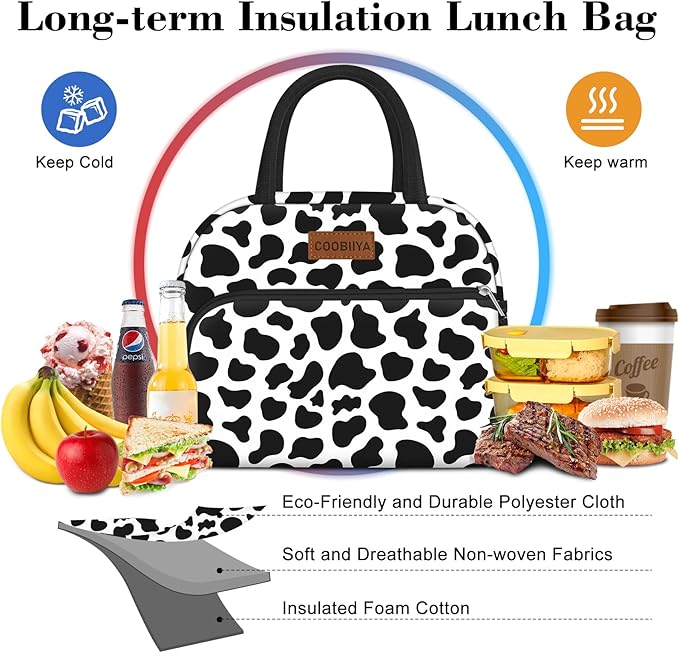 Coobiiya Lunch Bag Women, Lunch Box for Women Adult Men, Small Leakproof Cute Lunch Tote Large Capacity Reusable Insulated Cooler Lunch Container for Work/Office/Picnic/Travel-Cow