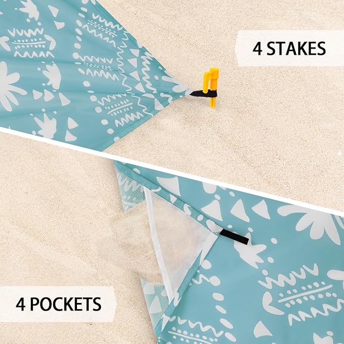 Sandproof Beach Blanket, 110''×118'' Extra Large Sand Free Waterproof Beach Mat 8 Adults, Polyester Lightweight Picnic Blanket with 4 Stakes & Pockets for Travel, Camping, Hiking - Boho Turquoise