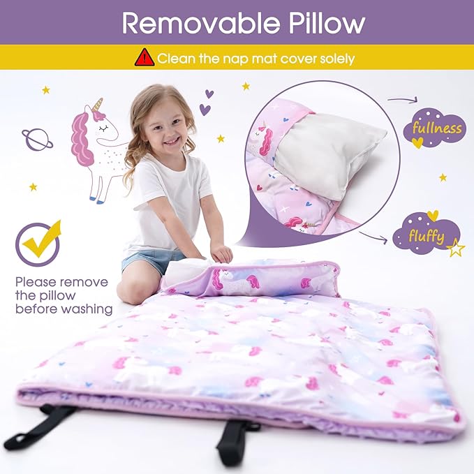 Nap Mat with Pillow Blanket Set: Sleeping Mats for Toddler Kids - Thick Large Roll up Slumber Bag for Daycare Preschool Kindergarten Boys Girls