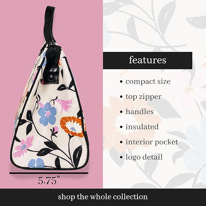 Kate Spade New York Portable Soft Cooler Lunch Bag with Silver Insulated Interior Lining and Storage Pocket, Floral Garden