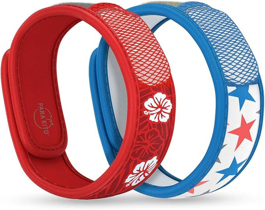 PARA'KITO Mosquito Repellent Bracelets + Refill Pellets Bundle | w/Peppermint Oil, Essential Oils | Hiking & Camping Accessories | Paraben Free, DEET Free - 2 Wristbands & 2 Refills (Hawaii + Stars)